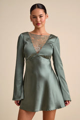 Emberlyn Sage Green Satin Lace Long Sleeve Mini Dress