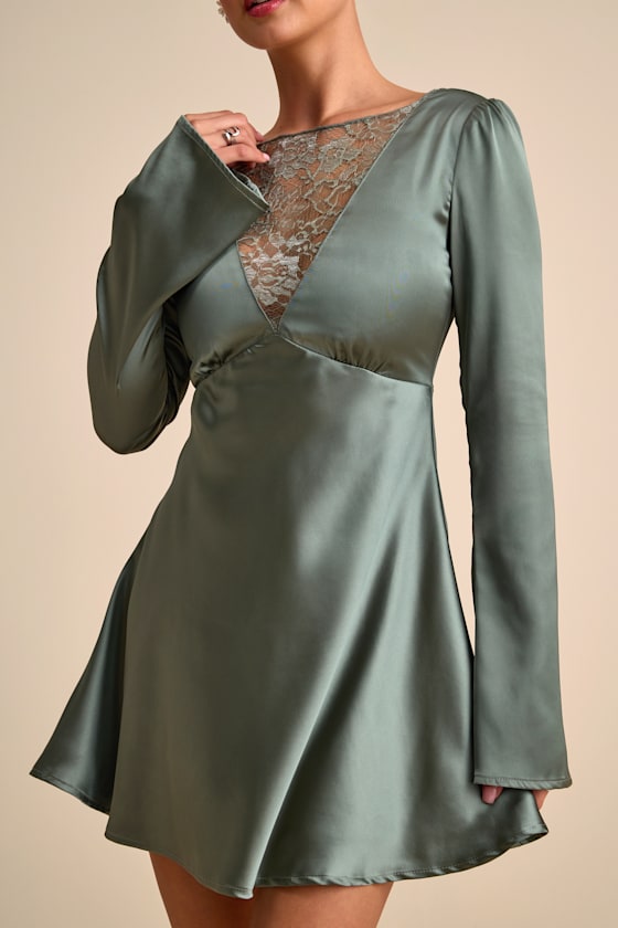 Emberlyn Sage Green Satin Lace Long Sleeve Mini Dress