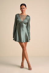Emberlyn Sage Green Satin Lace Long Sleeve Mini Dress
