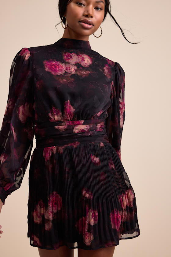 Ayveen Black Floral Burnout Balloon Sleeve Mini Dress