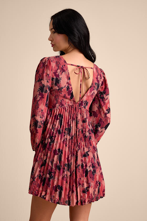 Lowri Pink Multi Abstract Long Sleeve Babydoll Mini Dress