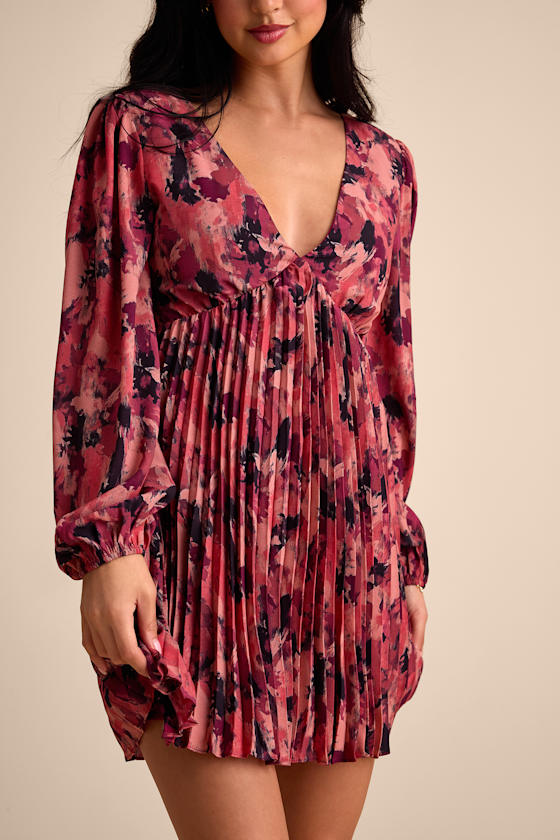 Lowri Pink Multi Abstract Long Sleeve Babydoll Mini Dress