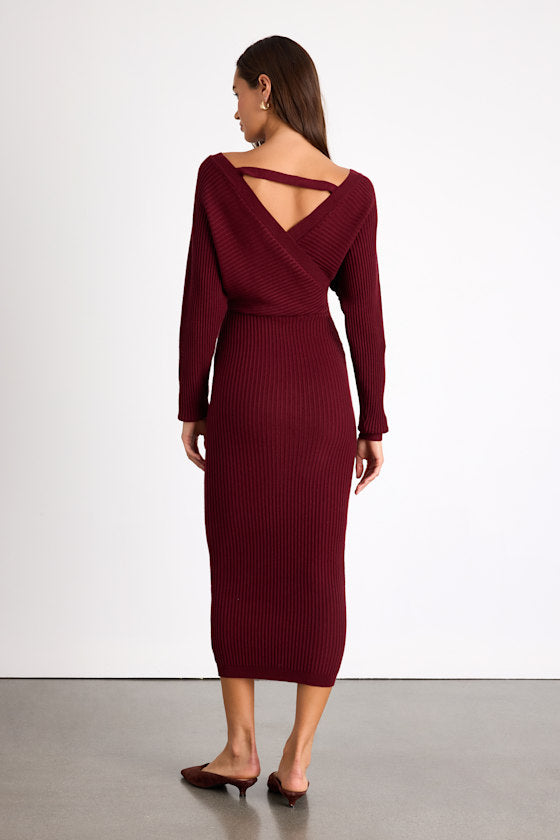 Bixby Burgundy Ribbed Surplice Bodycon Midi Dress