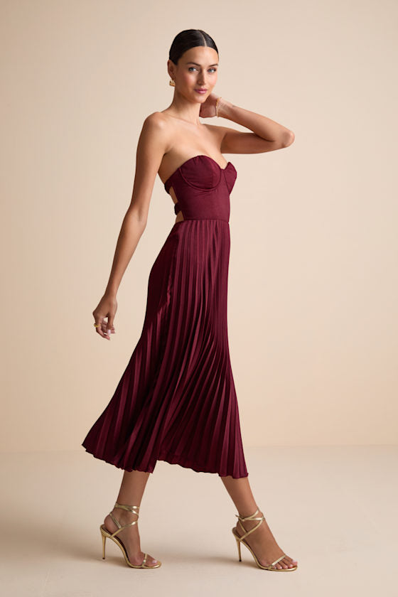 Irelyn Burgundy Satin Bustier Midi Dress