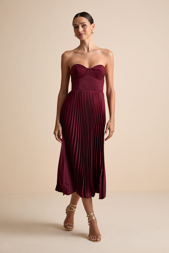 Irelyn Burgundy Satin Bustier Midi Dress