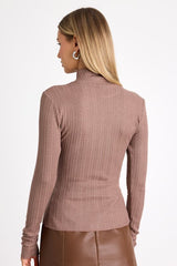 Idyllic Option Light Brown Pointelle Knit Mock Neck Sweater Top