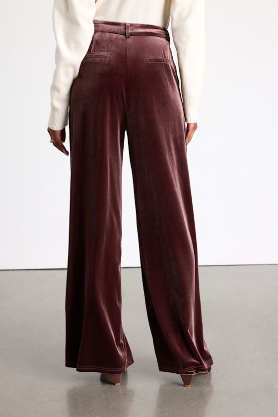 Chic Splendor Dark Mauve Velvet Pleated High-Rise Wide-Leg Pants