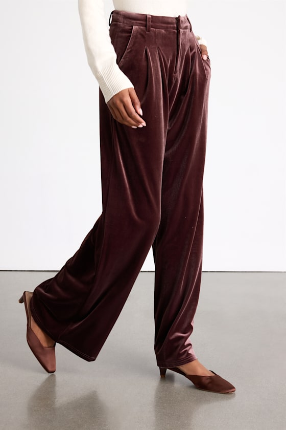 Chic Splendor Dark Mauve Velvet Pleated High-Rise Wide-Leg Pants