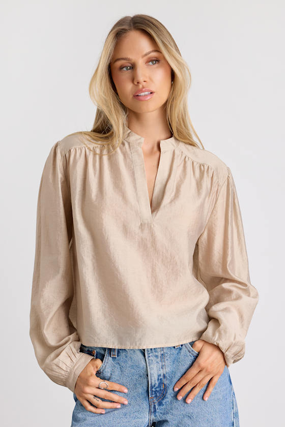 Zhena Beige Gathered Balloon Sleeve Top