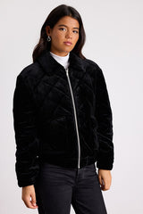 Fayda Black Velvet Quilted Collared Bomber Jacket