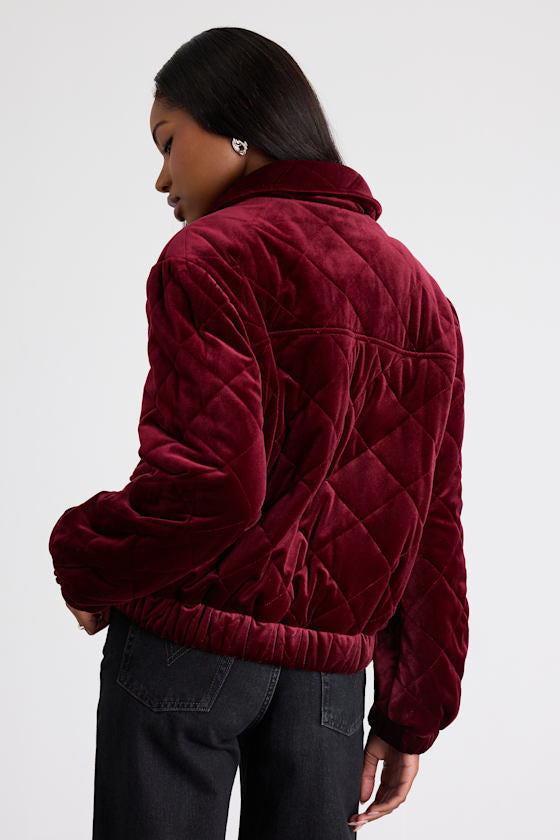 Fayda Burgundy Velvet Quilted Collared Bomber Jacket