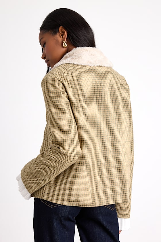 Bertie Beige Plaid Tweed Faux Fur Collar Jacket