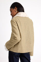 Bertie Beige Plaid Tweed Faux Fur Collar Jacket