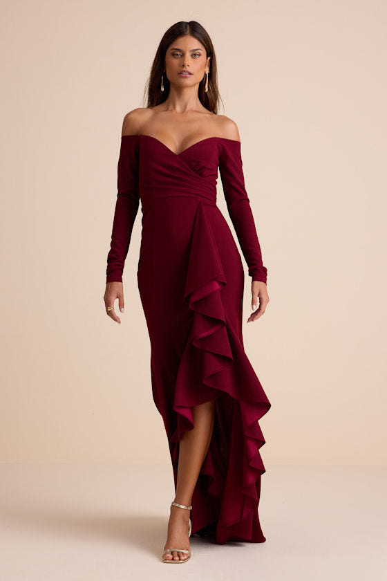 Notorious Perfection Wine Off-the-Shoulder Ruffled Maxi Dress