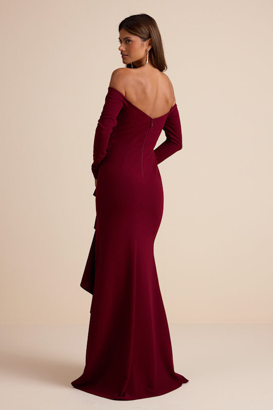Notorious Perfection Wine Off-the-Shoulder Ruffled Maxi Dress