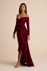 Notorious Perfection Wine Off-the-Shoulder Ruffled Maxi Dress