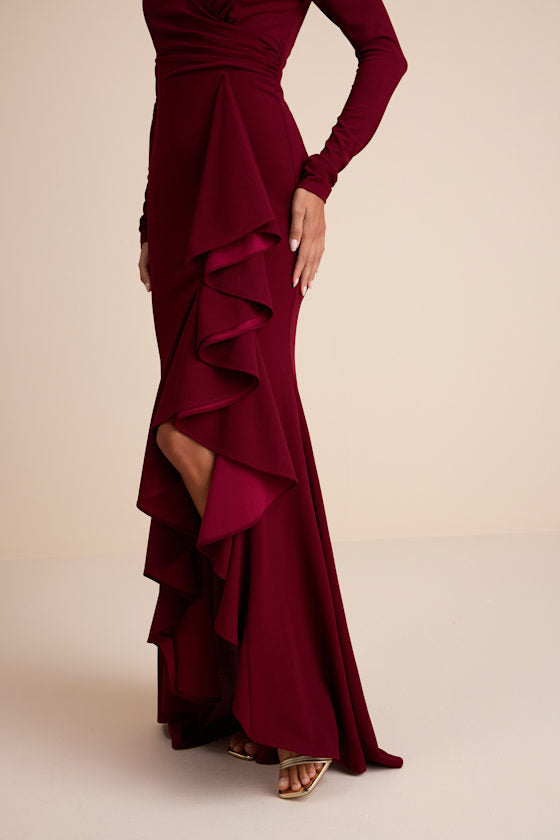 Notorious Perfection Wine Off-the-Shoulder Ruffled Maxi Dress