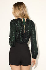 Evening of Wonder Emerald Sequin Long Sleeve Bodysuit