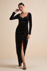 Forever Sensational Black Velvet Long Sleeve Maxi Dress