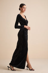 Forever Sensational Black Velvet Long Sleeve Maxi Dress