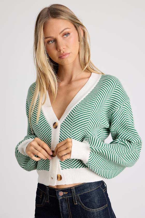 Here Comes a Holiday Green and White Striped Button-Up Cardigan