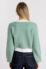 Here Comes a Holiday Green and White Striped Button-Up Cardigan