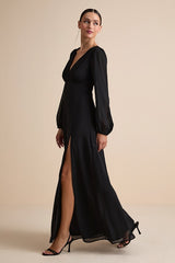 Marvelous Affair Black Pleated Lace-Up Maxi Dress