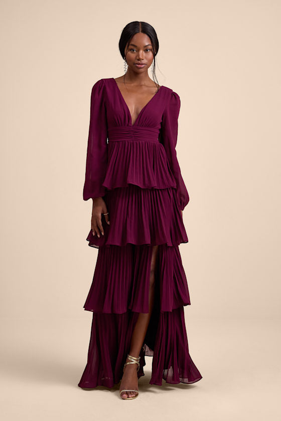 Graceful Finesse Plum Pleated Long Sleeve Maxi Dress