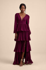 Graceful Finesse Plum Pleated Long Sleeve Maxi Dress