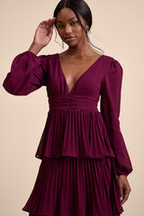Graceful Finesse Plum Pleated Long Sleeve Maxi Dress