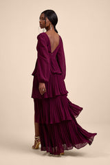 Graceful Finesse Plum Pleated Long Sleeve Maxi Dress