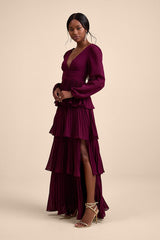 Graceful Finesse Plum Pleated Long Sleeve Maxi Dress