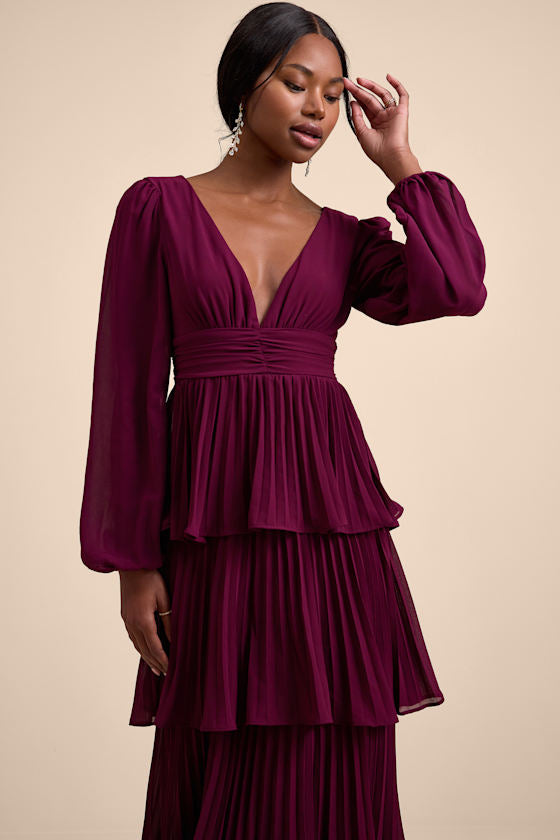 Graceful Finesse Plum Pleated Long Sleeve Maxi Dress