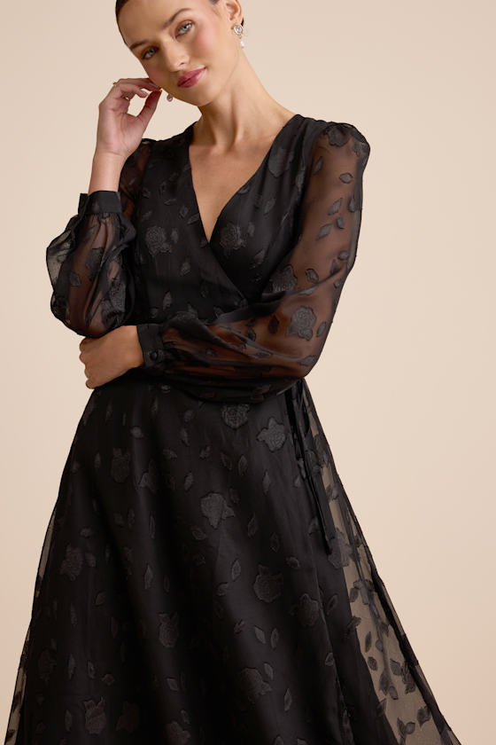 Evening of Elegance Black Floral Jacquard Wrap Midi Dress