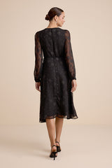 Evening of Elegance Black Floral Jacquard Wrap Midi Dress