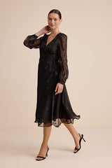 Evening of Elegance Black Floral Jacquard Wrap Midi Dress
