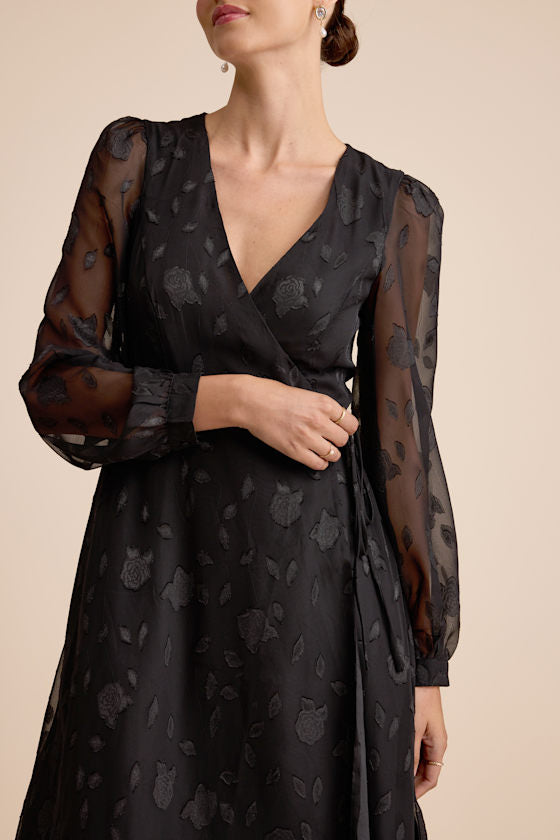 Evening of Elegance Black Floral Jacquard Wrap Midi Dress