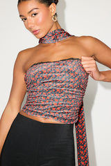 Copeland Black Floral Velvet Sash Scarf Strapless Crop Top
