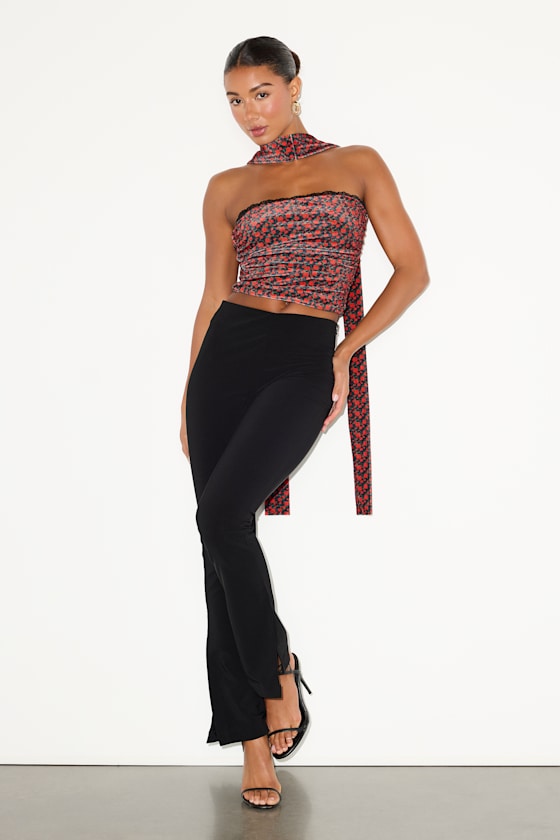 Copeland Black Floral Velvet Sash Scarf Strapless Crop Top