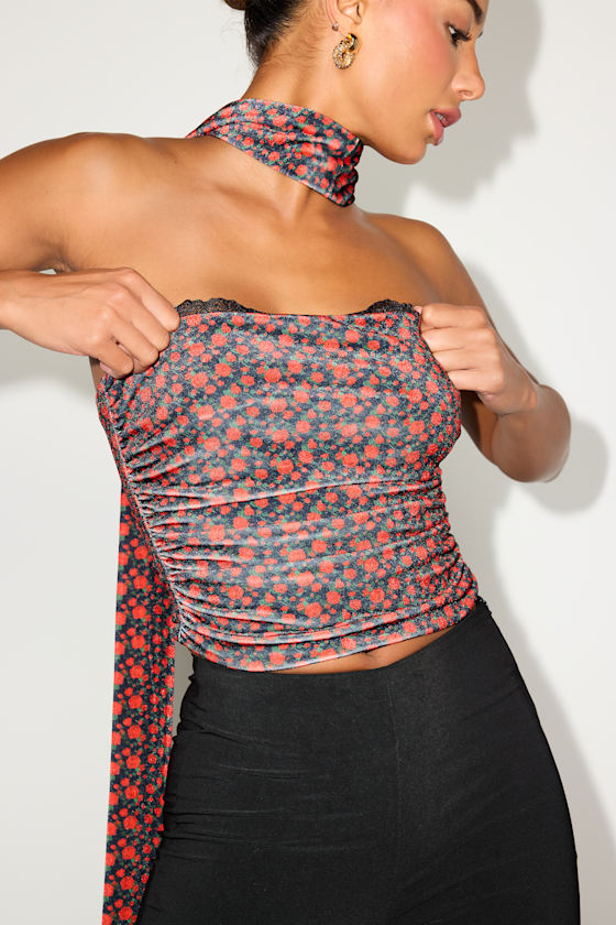 Copeland Black Floral Velvet Sash Scarf Strapless Crop Top
