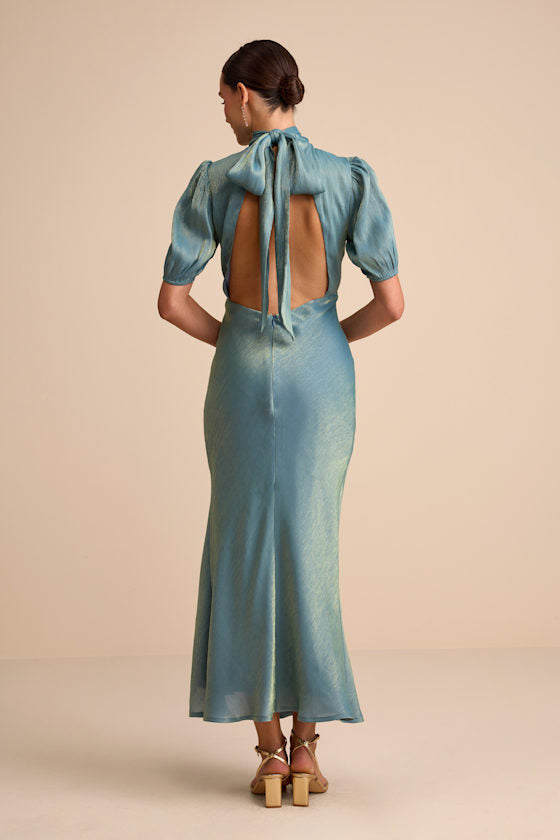 Talira Light Blue Satin Lurex Mock Neck Cutout Maxi Dress