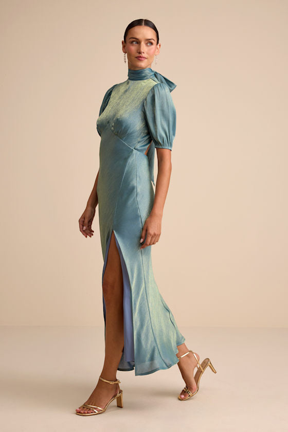 Talira Light Blue Satin Lurex Mock Neck Cutout Maxi Dress