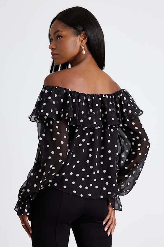 Albright Black Polka Dot Off-the-Shoulder Long Sleeve Top