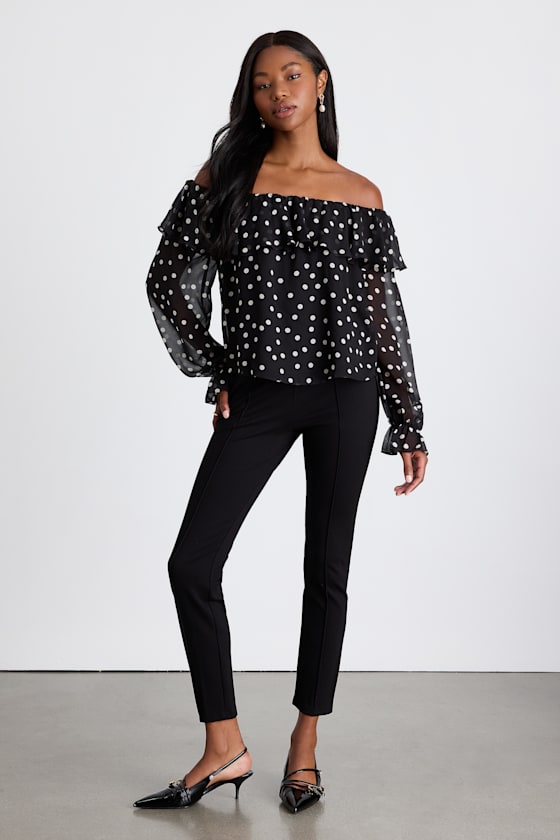 Albright Black Polka Dot Off-the-Shoulder Long Sleeve Top