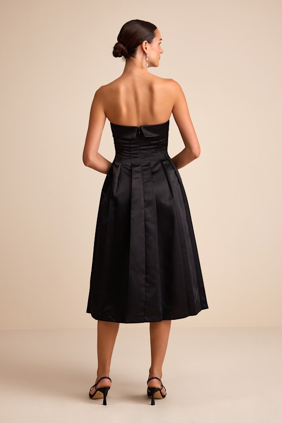 Indaya Black Satin Seamed Pleated Strapless Midi Dress