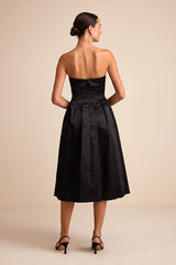 Indaya Black Satin Seamed Pleated Strapless Midi Dress
