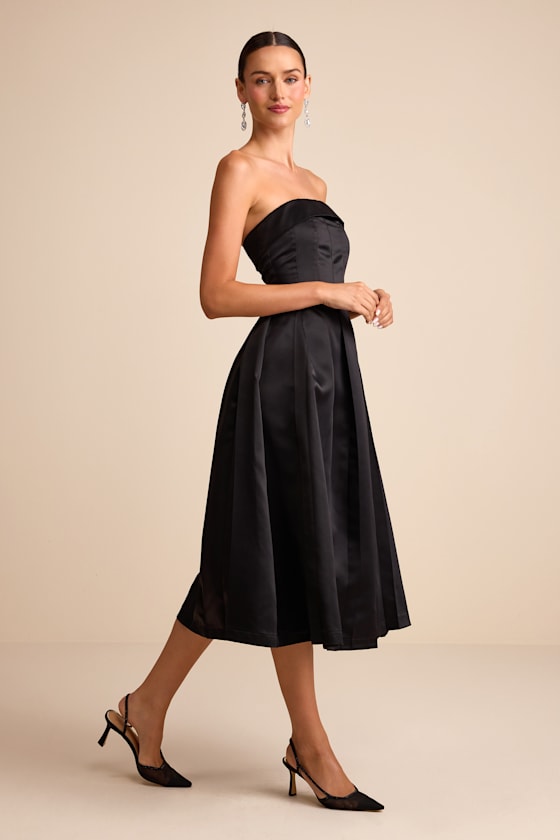 Indaya Black Satin Seamed Pleated Strapless Midi Dress