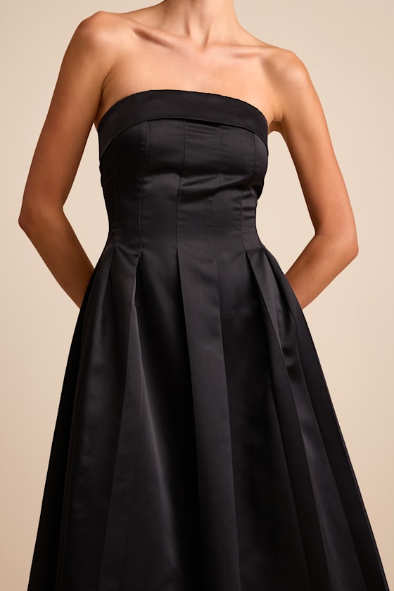 Indaya Black Satin Seamed Pleated Strapless Midi Dress