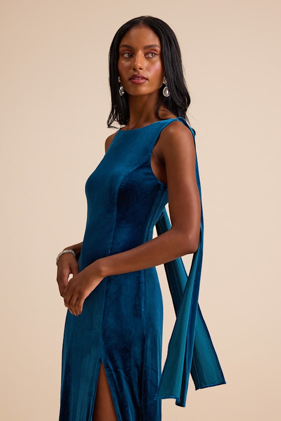 Liora Dark Teal Velvet Boat Neck Sash Maxi Dress