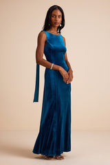 Liora Dark Teal Velvet Boat Neck Sash Maxi Dress